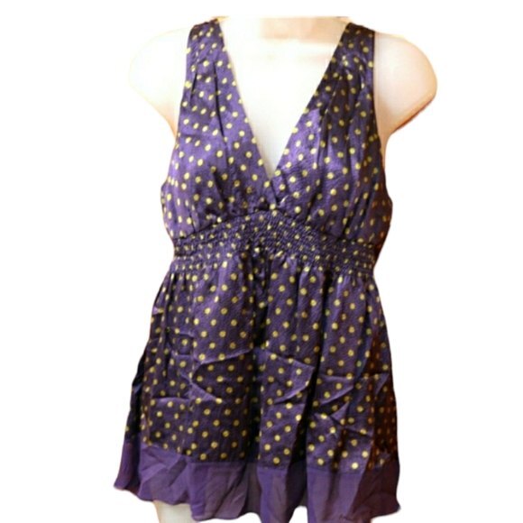 BCBG Maxazria Purple Polka Dot Sleeveless Tie Corset Back Smocked Top NWT LARGE - Picture 1 of 14